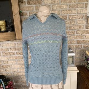 Vintage blue striped crocket open knit sweater size S